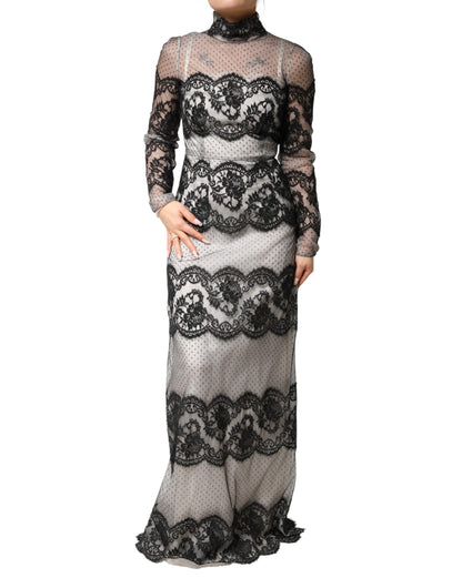 Black White Lace Silk Blend MaxiSheath Dress