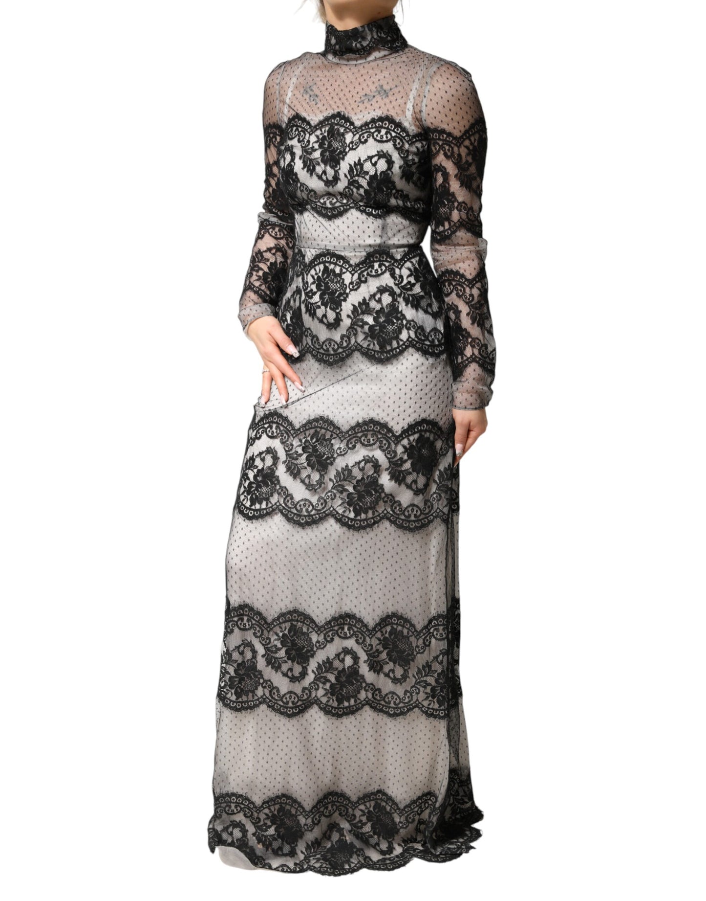 Black White Lace Silk Blend MaxiSheath Dress