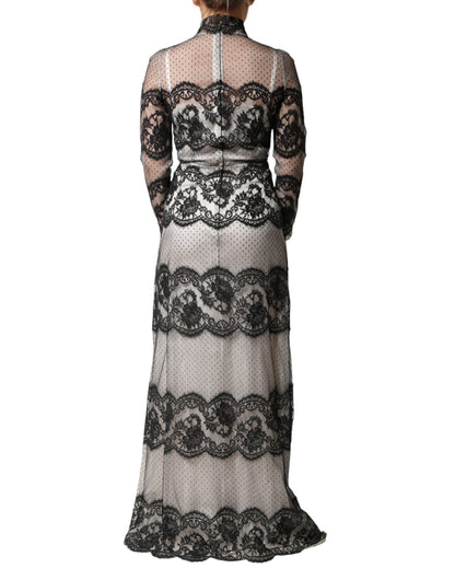 Black White Lace Silk Blend MaxiSheath Dress