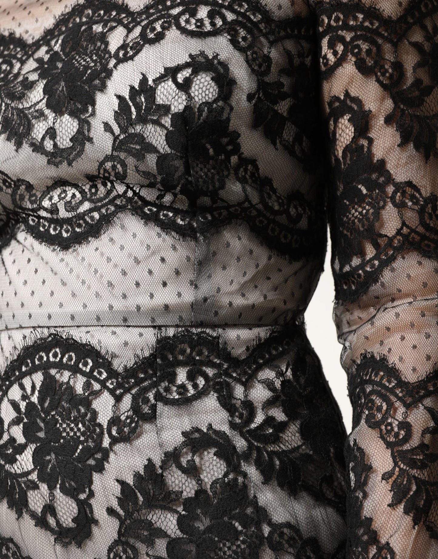 Black White Lace Silk Blend MaxiSheath Dress