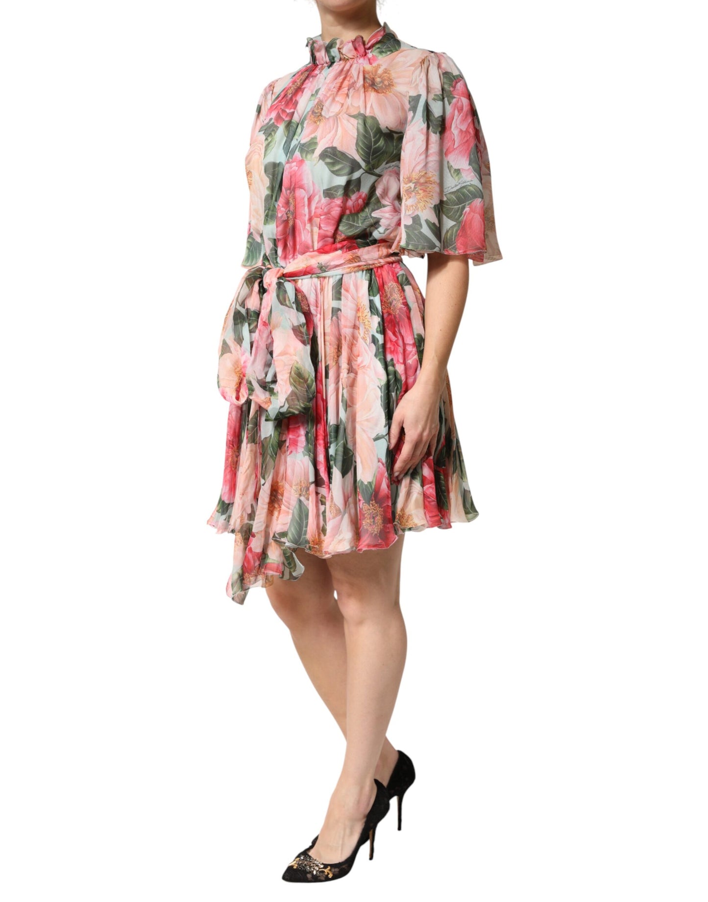 Multicolor Floral Silk Chiffon Pleated Mini Dress