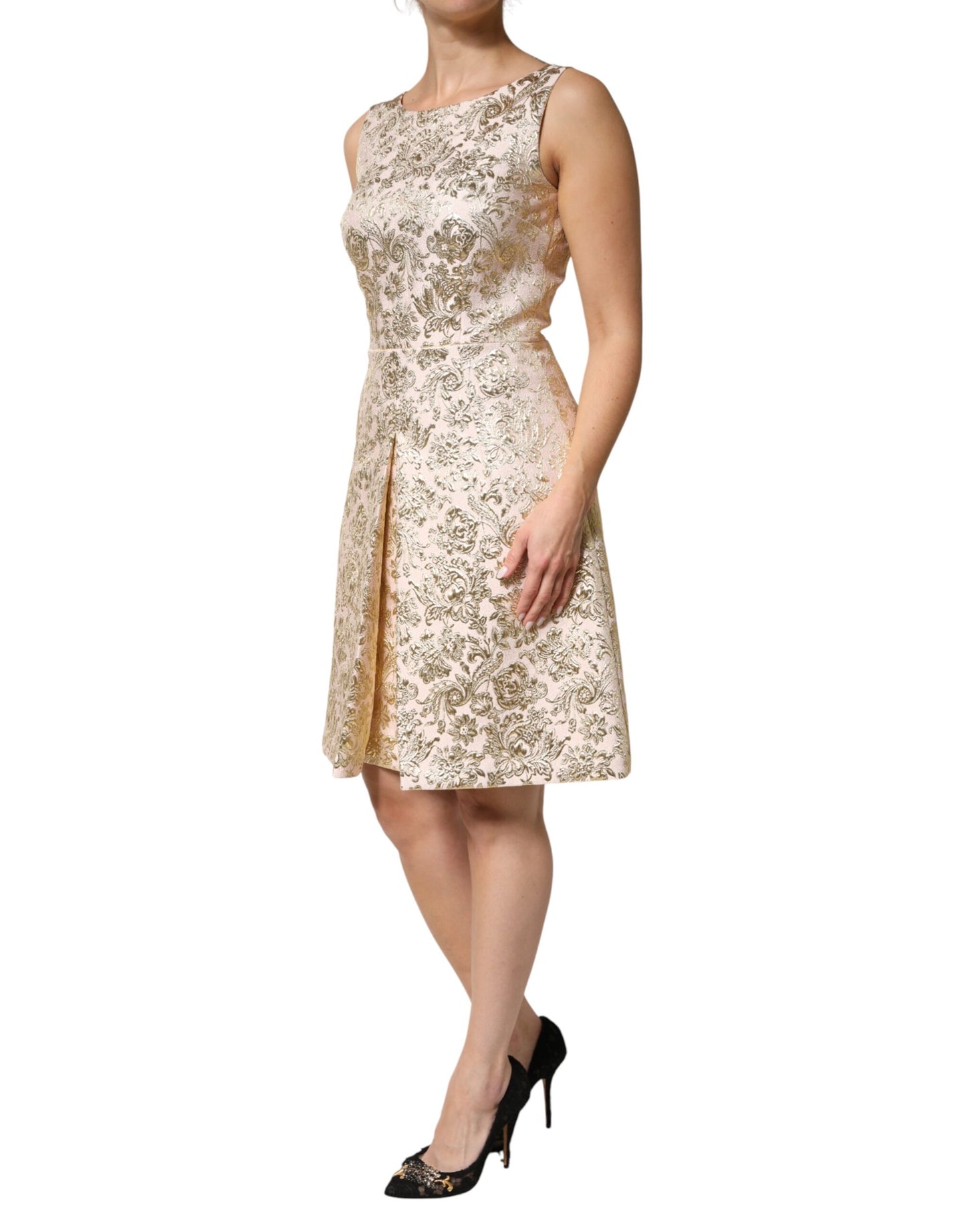 Beige Gold Floral Brocade Sleeveless Dress