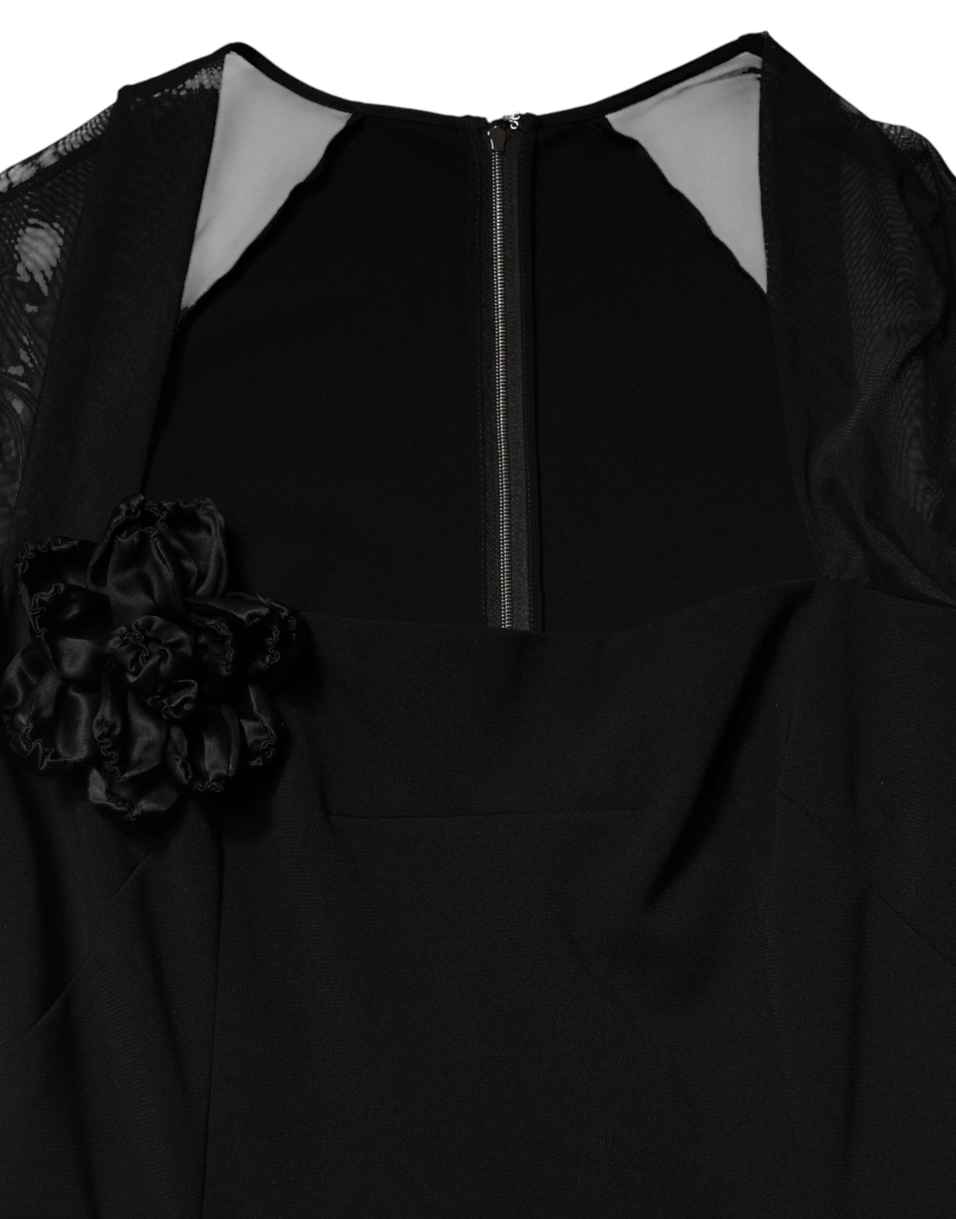 Black Sheer Yoke Rosette Sheath Midi Dress