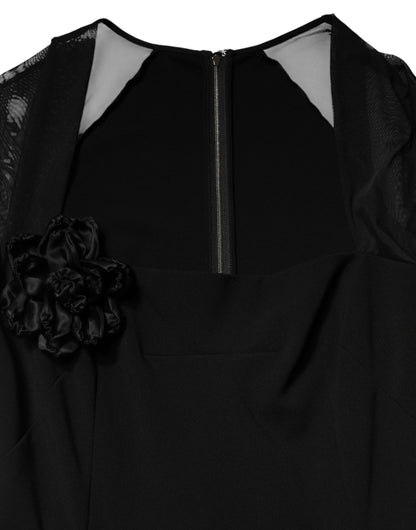 Black Sheer Yoke Rosette Sheath Midi Dress