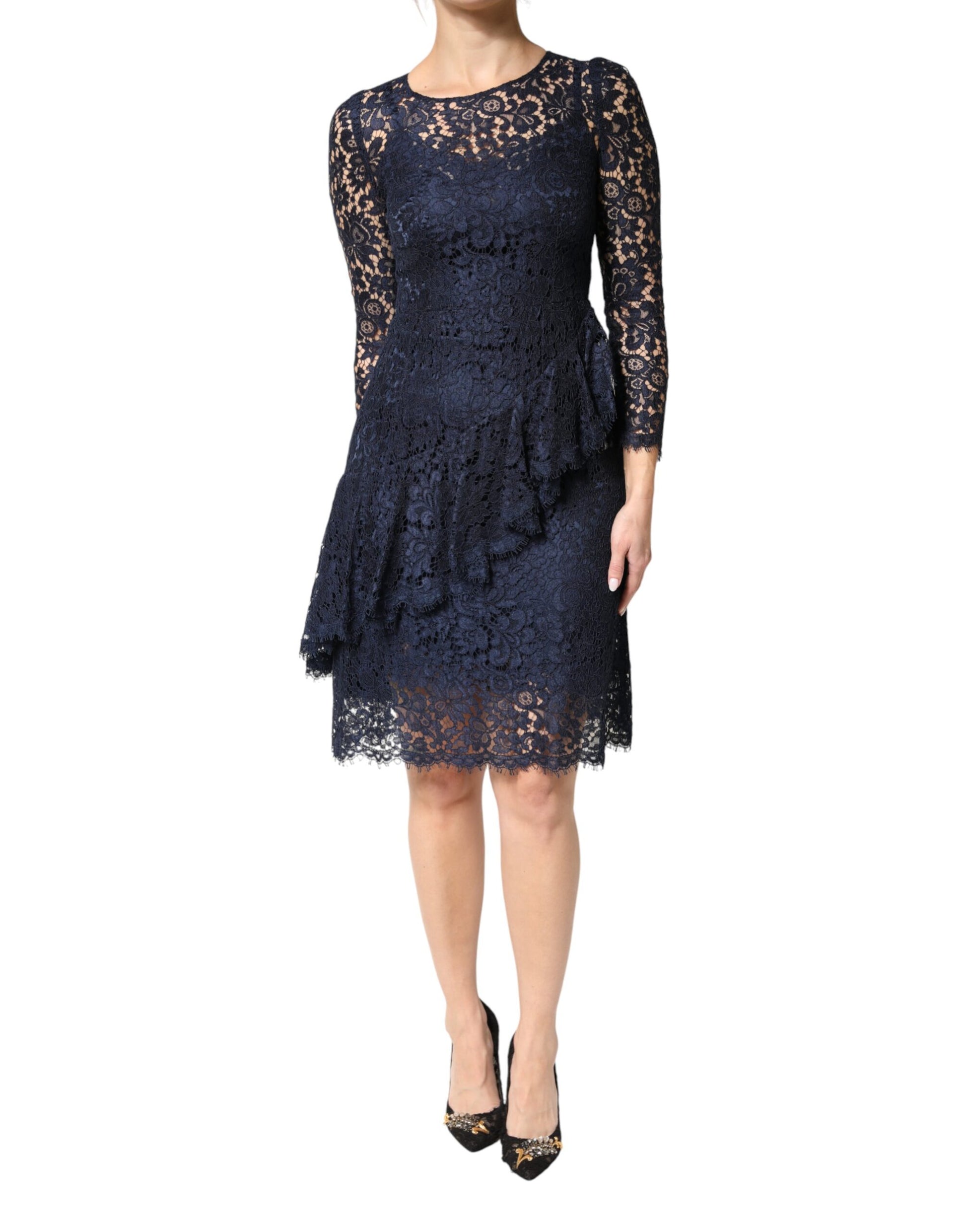 Blue Lace Ruffle A-line Knee Length Dress