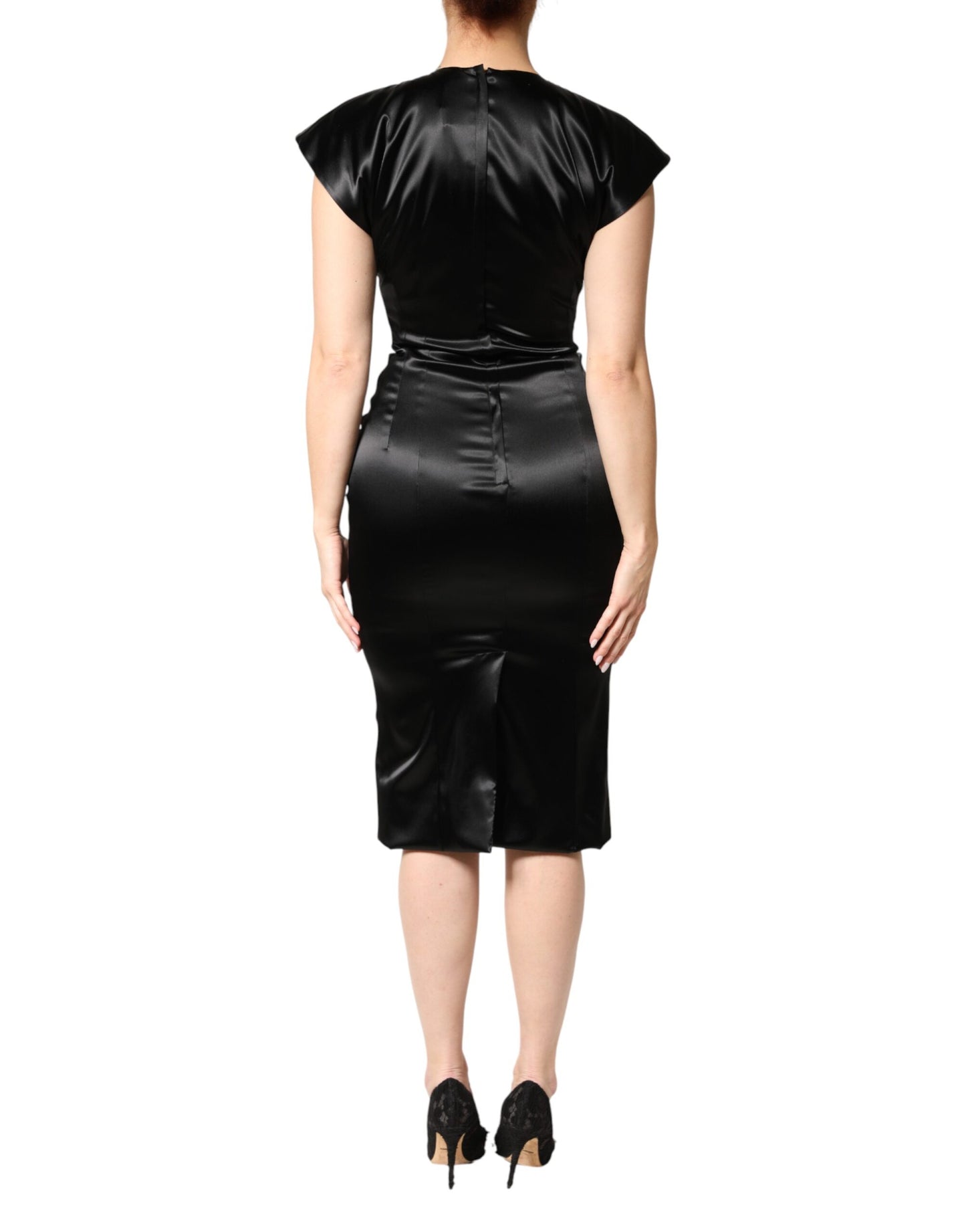 Black Satin Sheath Midi Cap Sleeves Dress