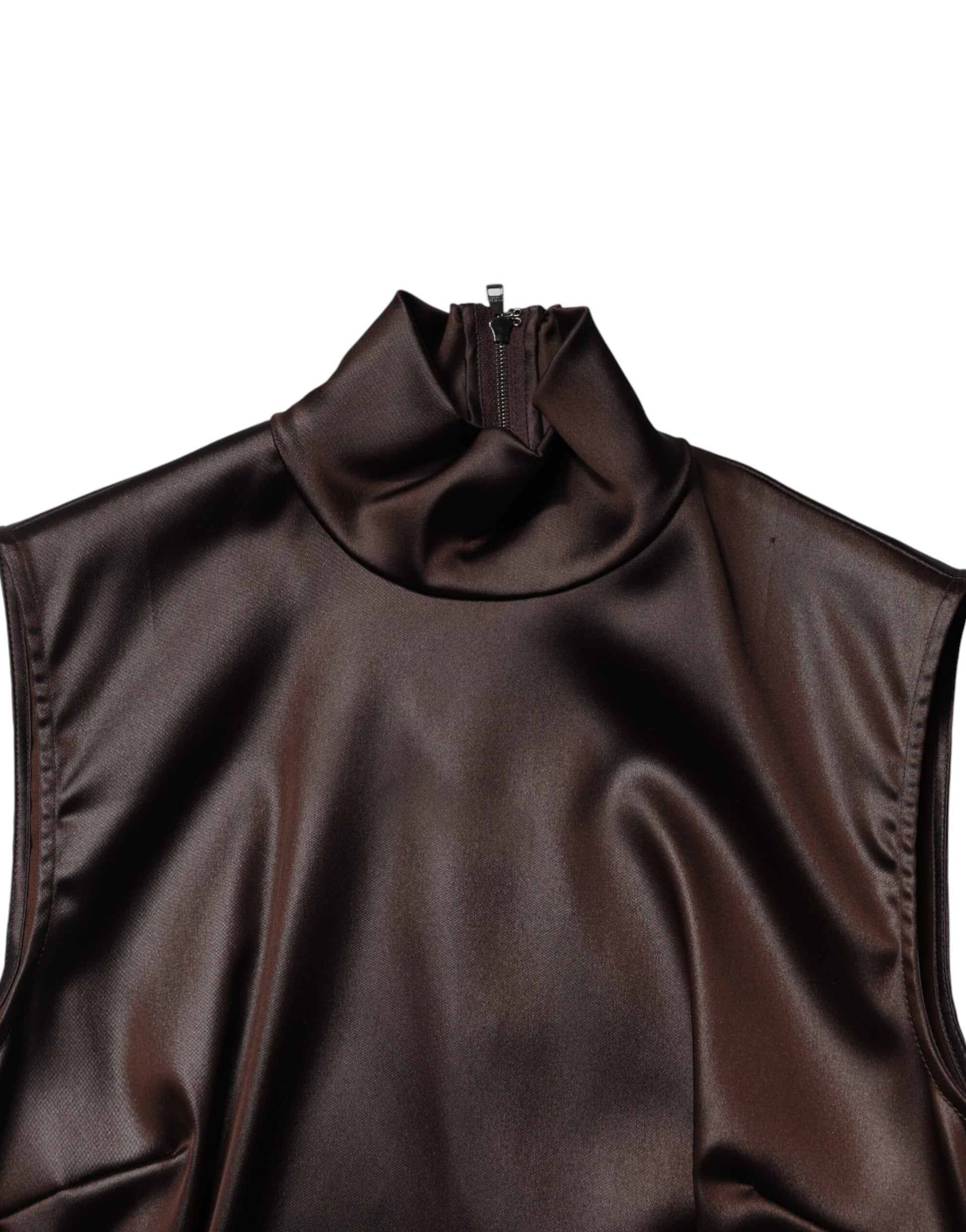 Brown Satin Sheath Midi SleeveLess Dress