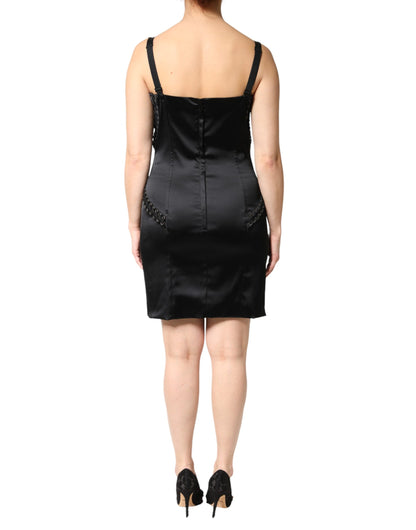 Black Satin Acetate Lace Eyelets Mini Dress
