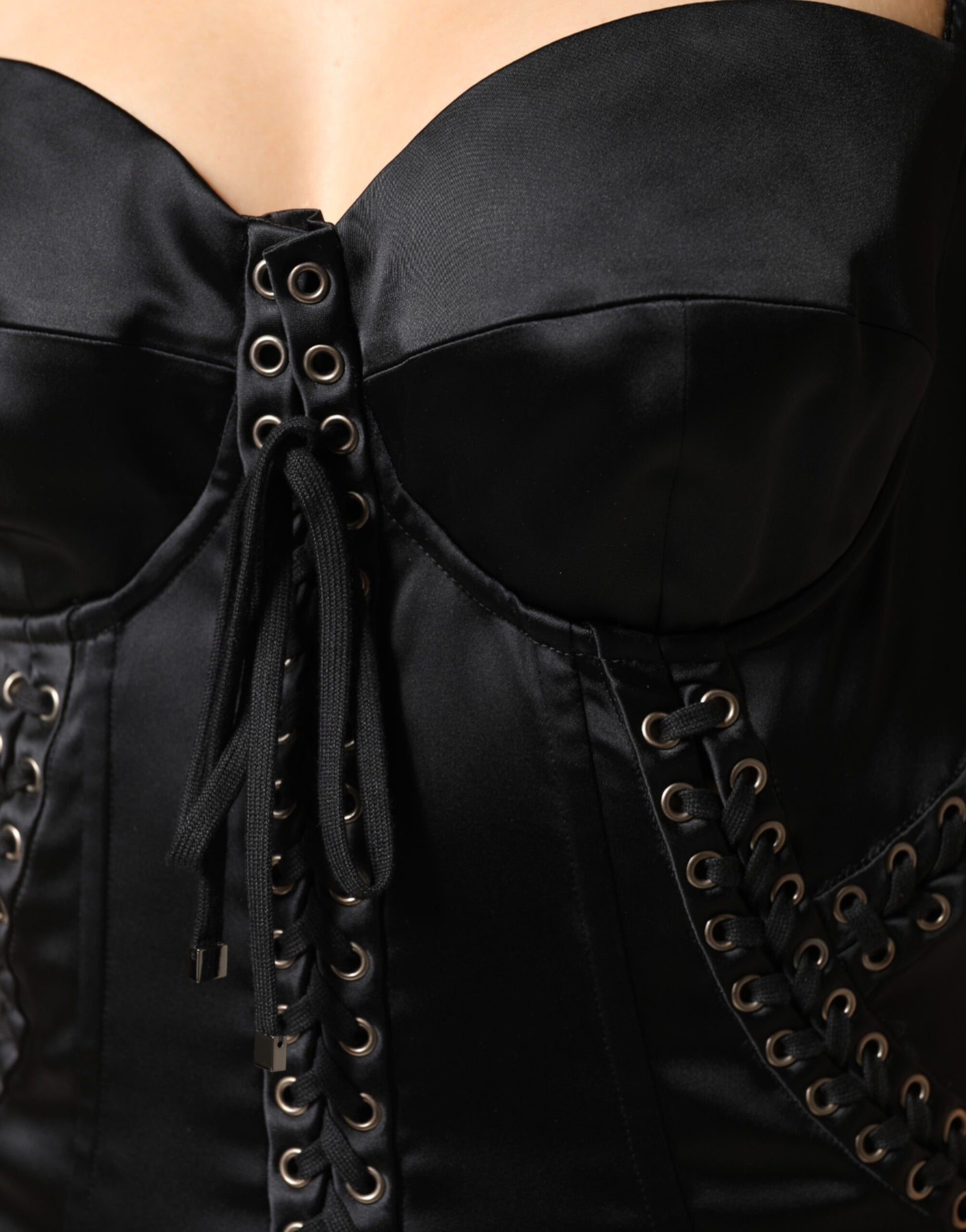 Black Satin Acetate Lace Eyelets Mini Dress