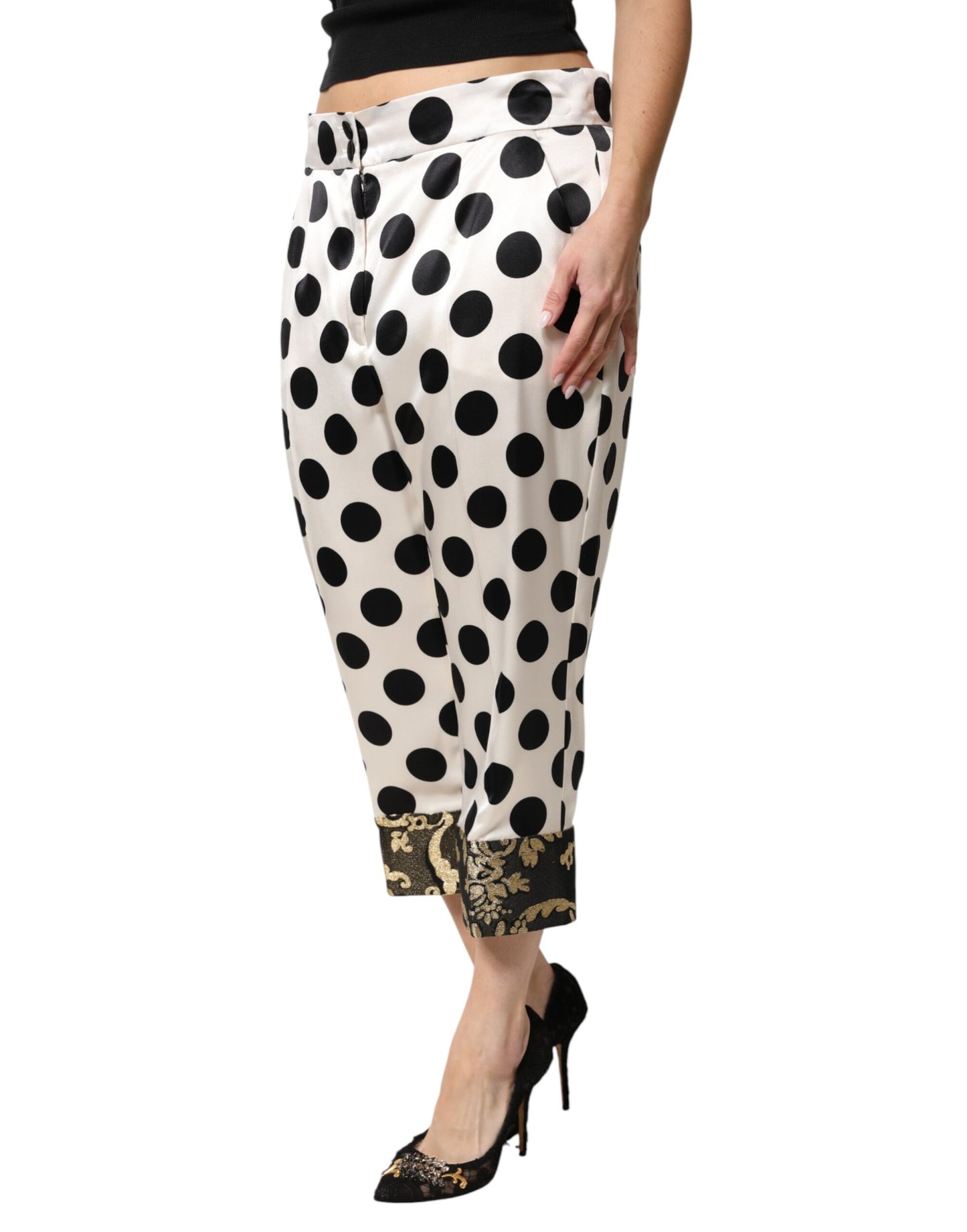 White Black Polka Dot Silk Mid Waist Cropped Pants