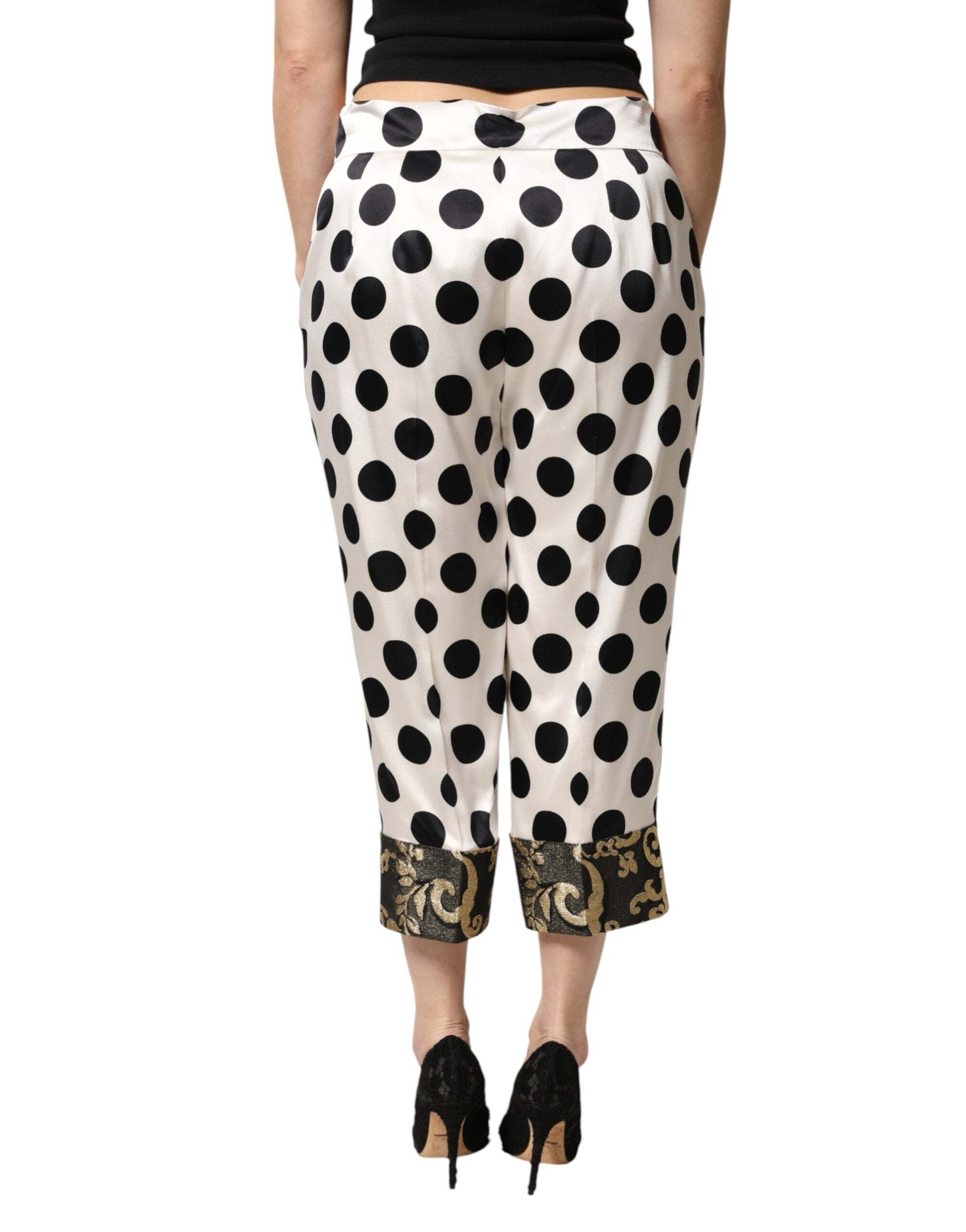 White Black Polka Dot Silk Mid Waist Cropped Pants