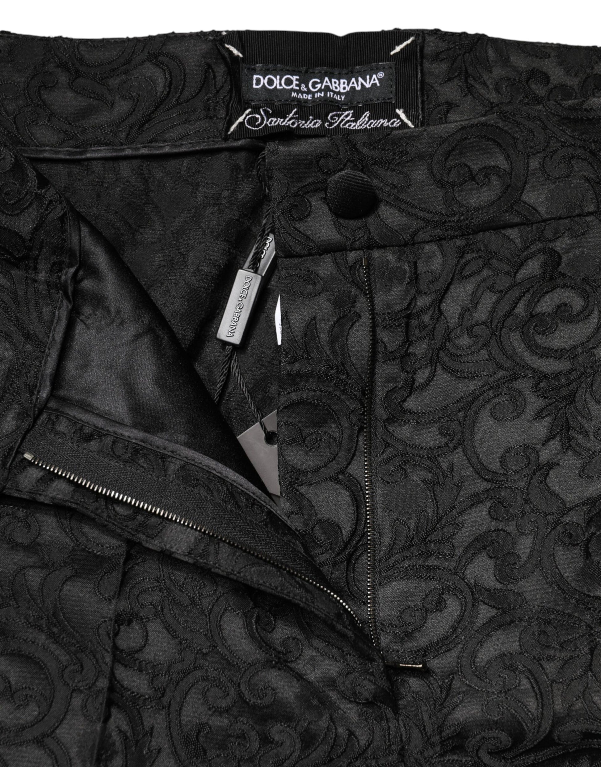 Black Floral Brocade High Waisted Trouser Pants