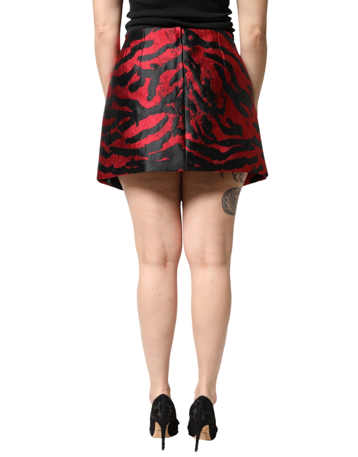 Black Red Jacquard High Waist Mini Skirt