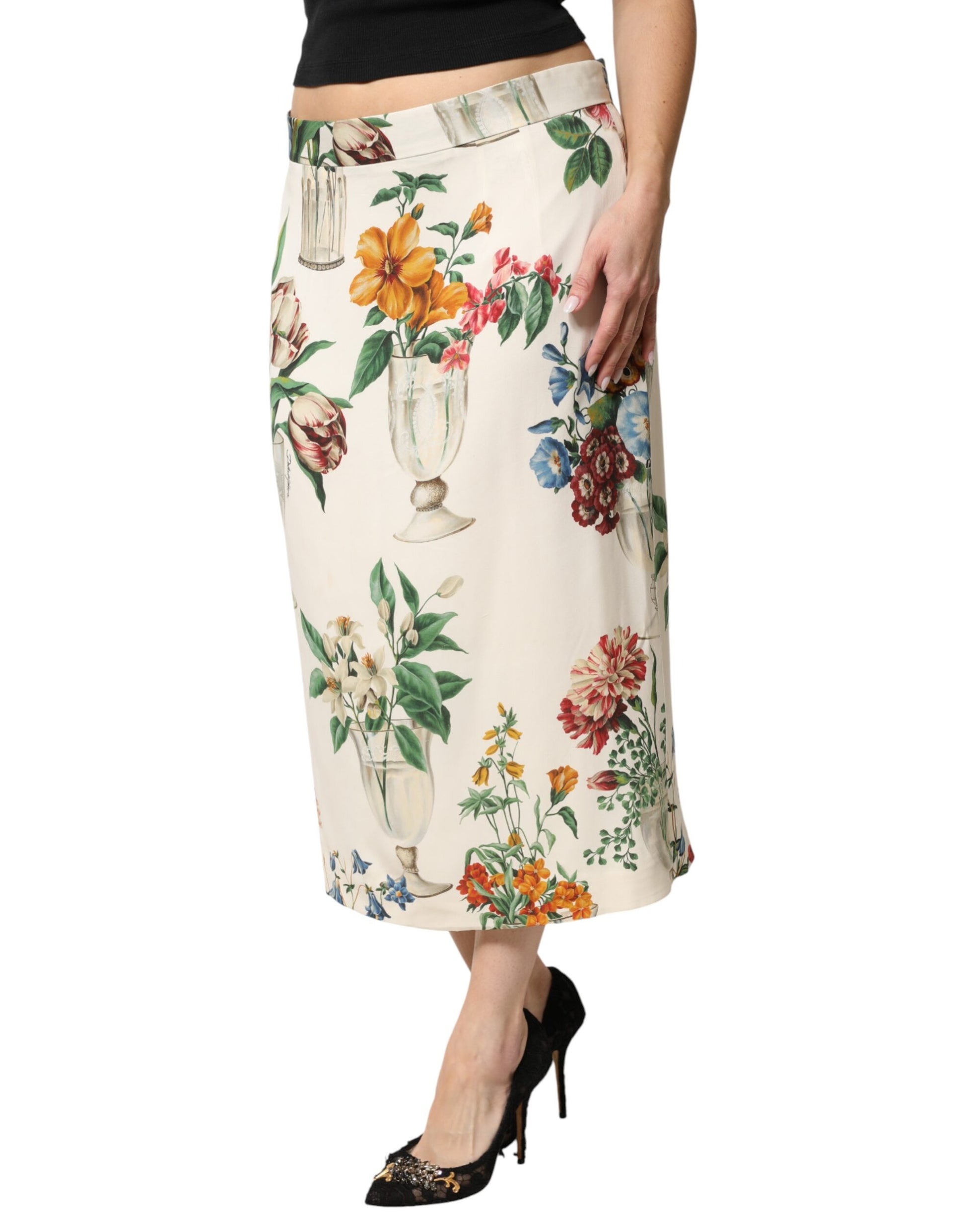 White Floral MidWaist Pencil Cut Midi Skirt
