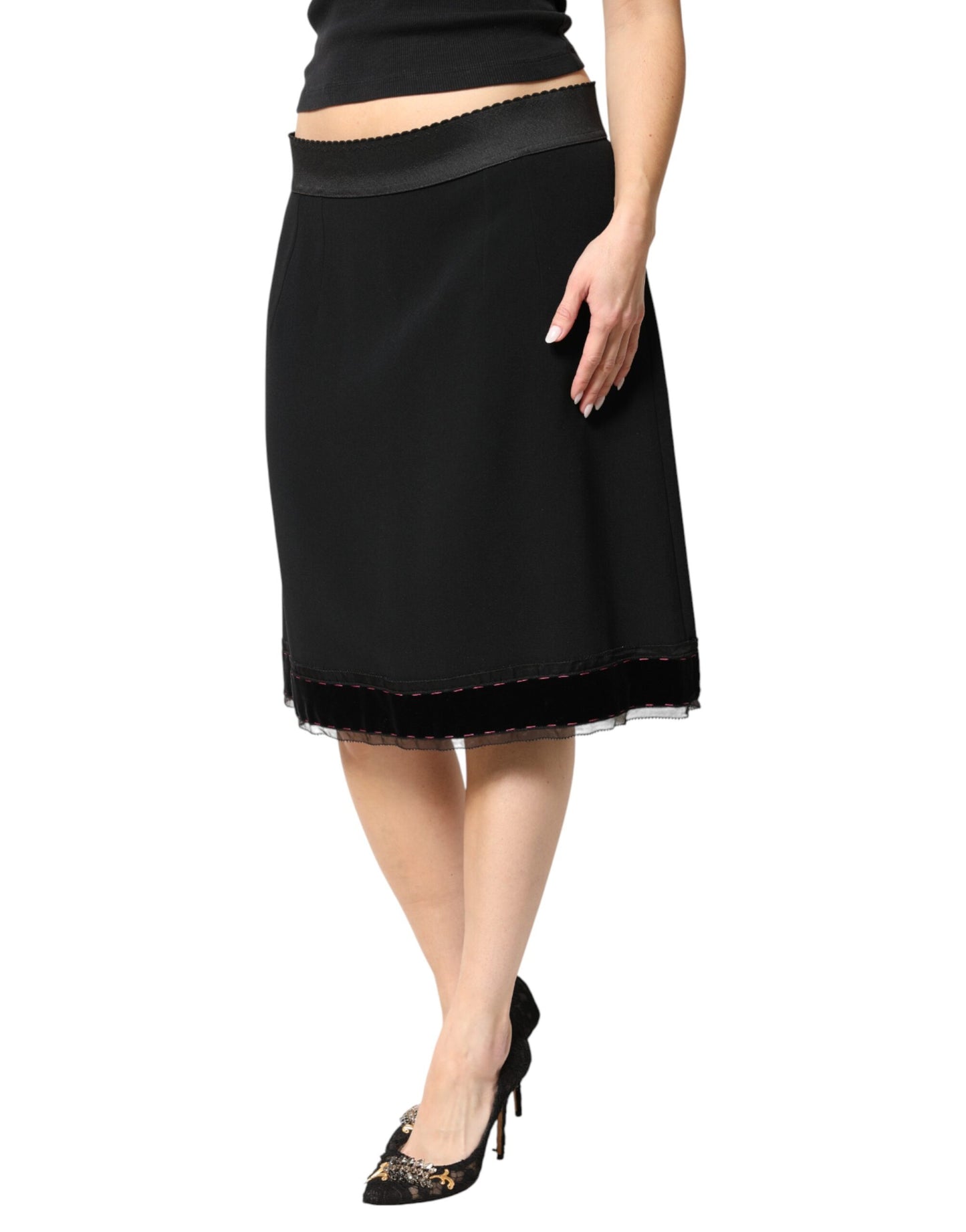 Black Mid Waist A-line Knee Length Skirt