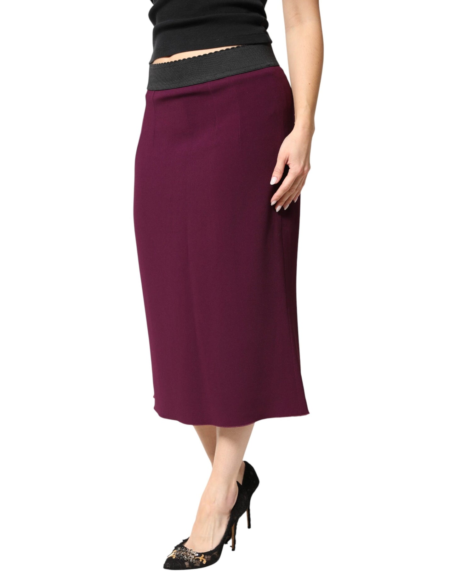 Maroon Mid Waist Pencil Cut Midi Skirt