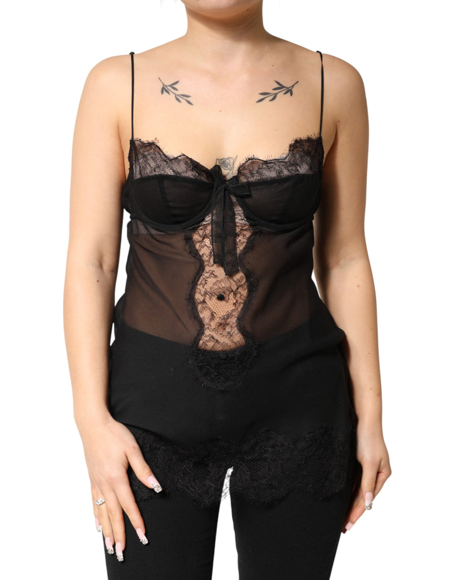 Black Silk Floral Lace Chemise Lingerie Top