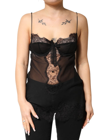 Black Silk Floral Lace Chemise Lingerie Top
