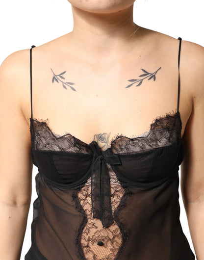 Black Silk Floral Lace Chemise Lingerie Top