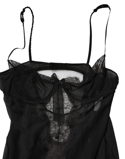 Black Silk Floral Lace Chemise Lingerie Top