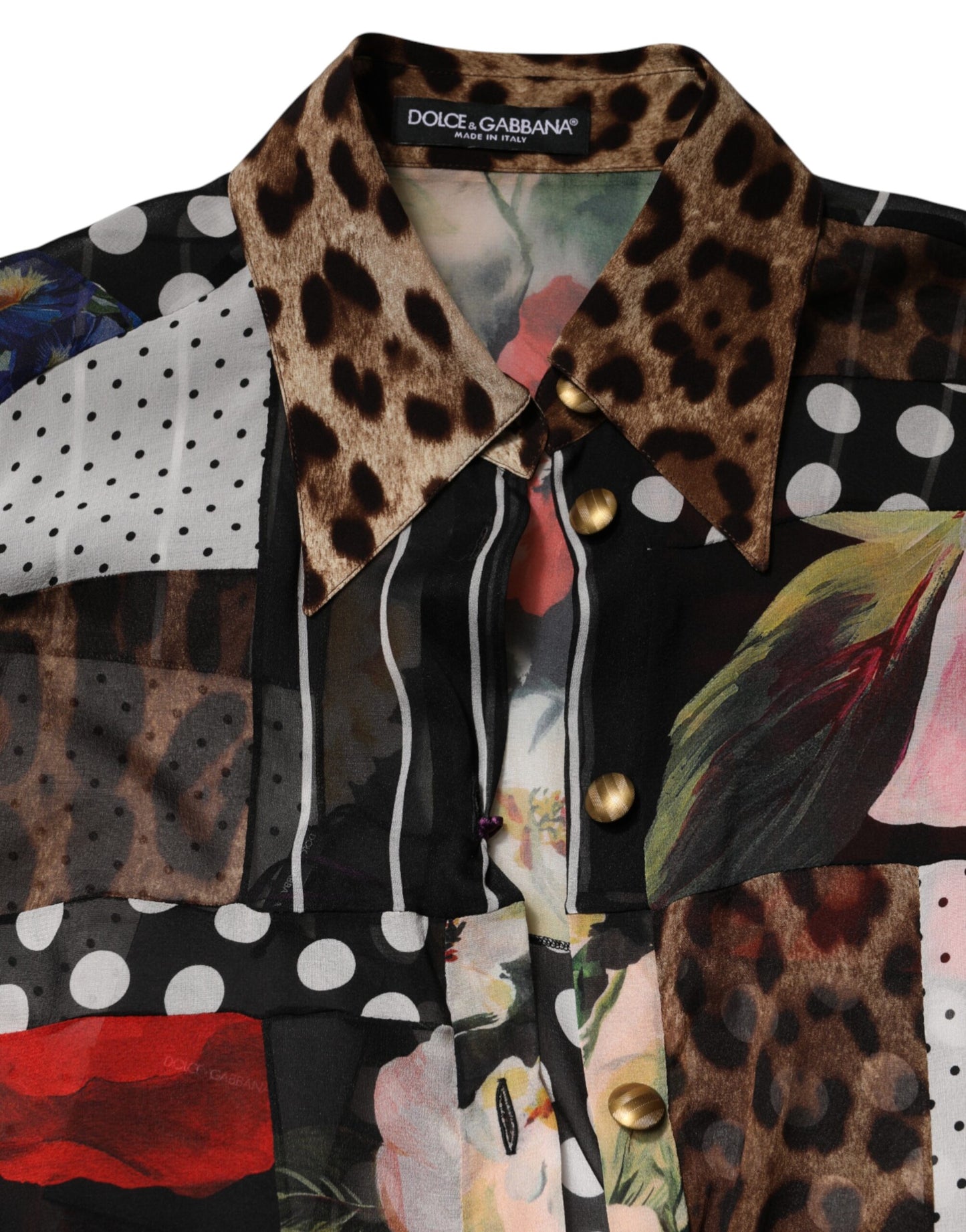 Multicolor Patchwork Silk CollaredBlouse Top