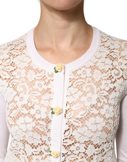 Cream Lace Knit Rose Button Cardigan Sweater