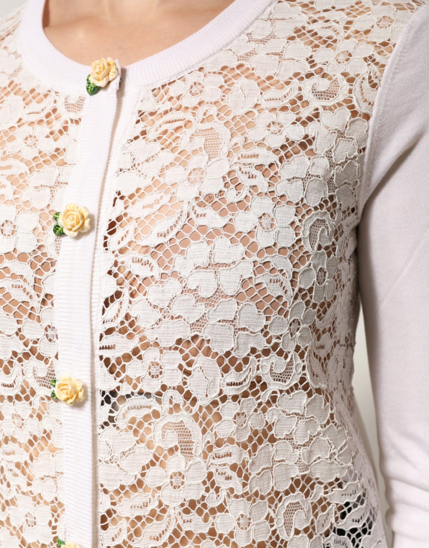 Cream Lace Knit Rose Button Cardigan Sweater