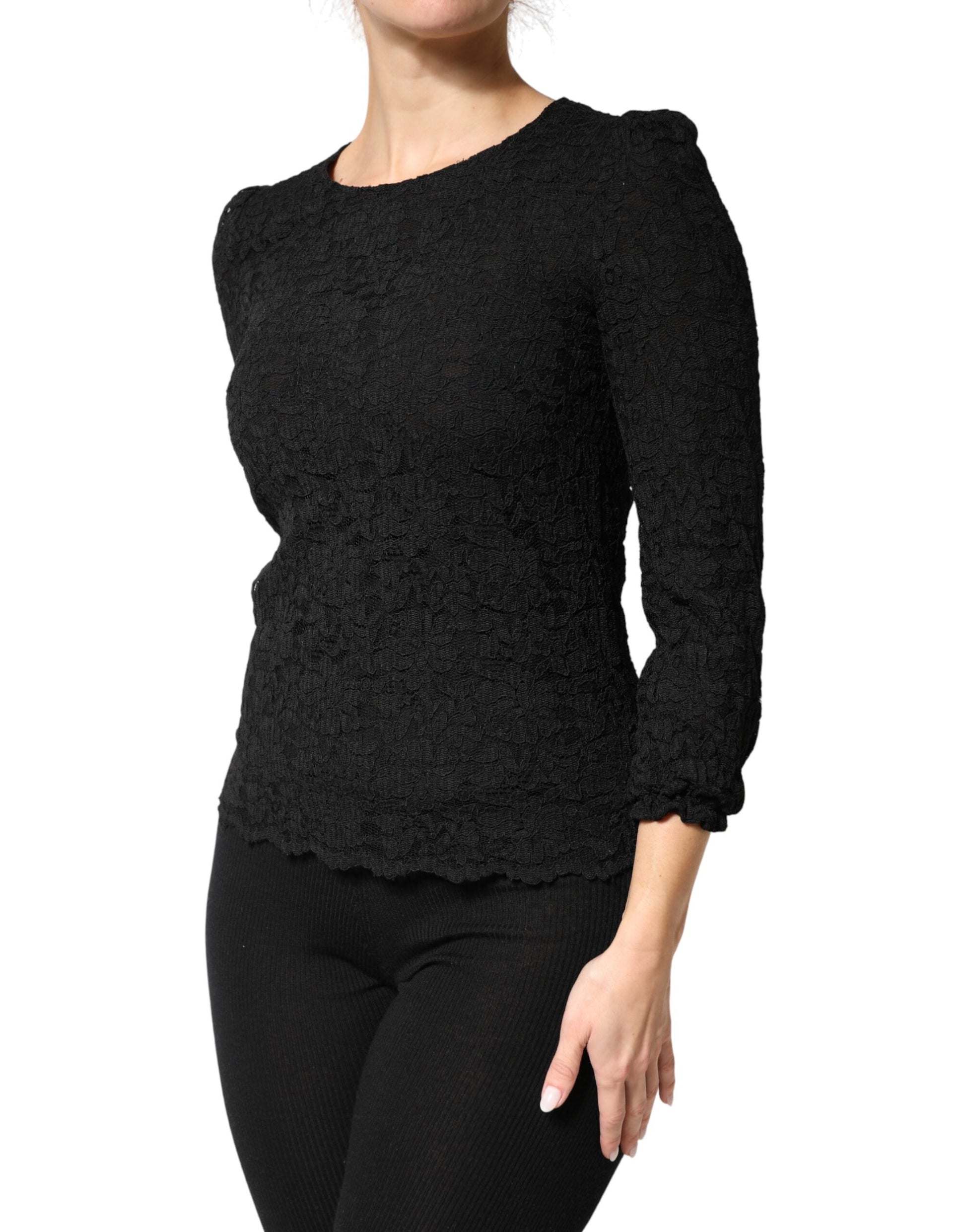 Black Floral Lace Silk Round Neck Blouse Top