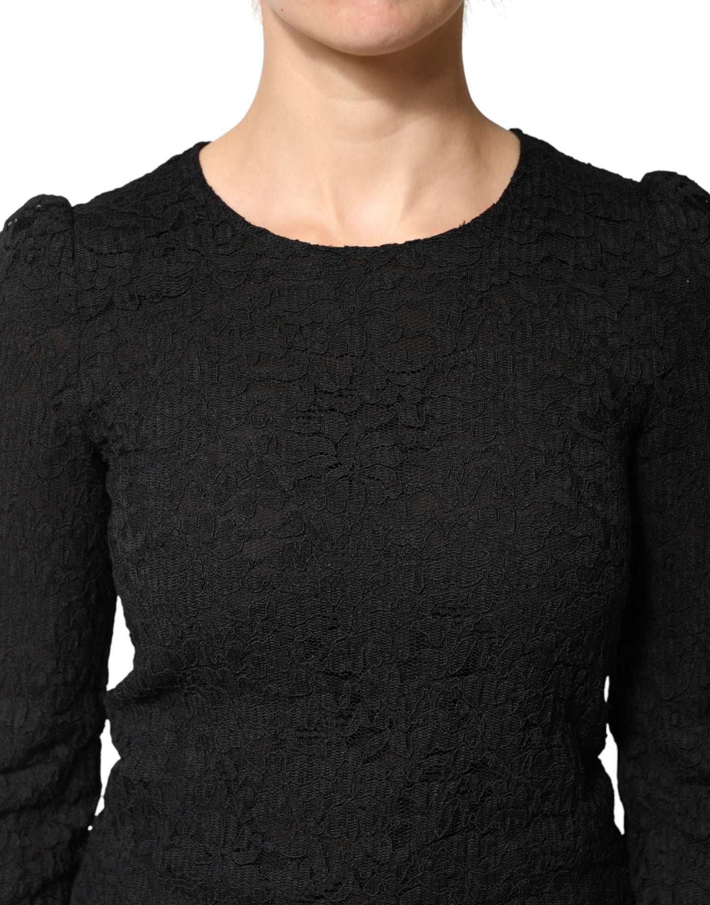 Black Floral Lace Silk Round Neck Blouse Top
