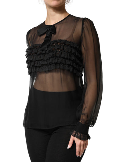 Black Silk Sheer Ruffle Tie-Neck Blouse Top