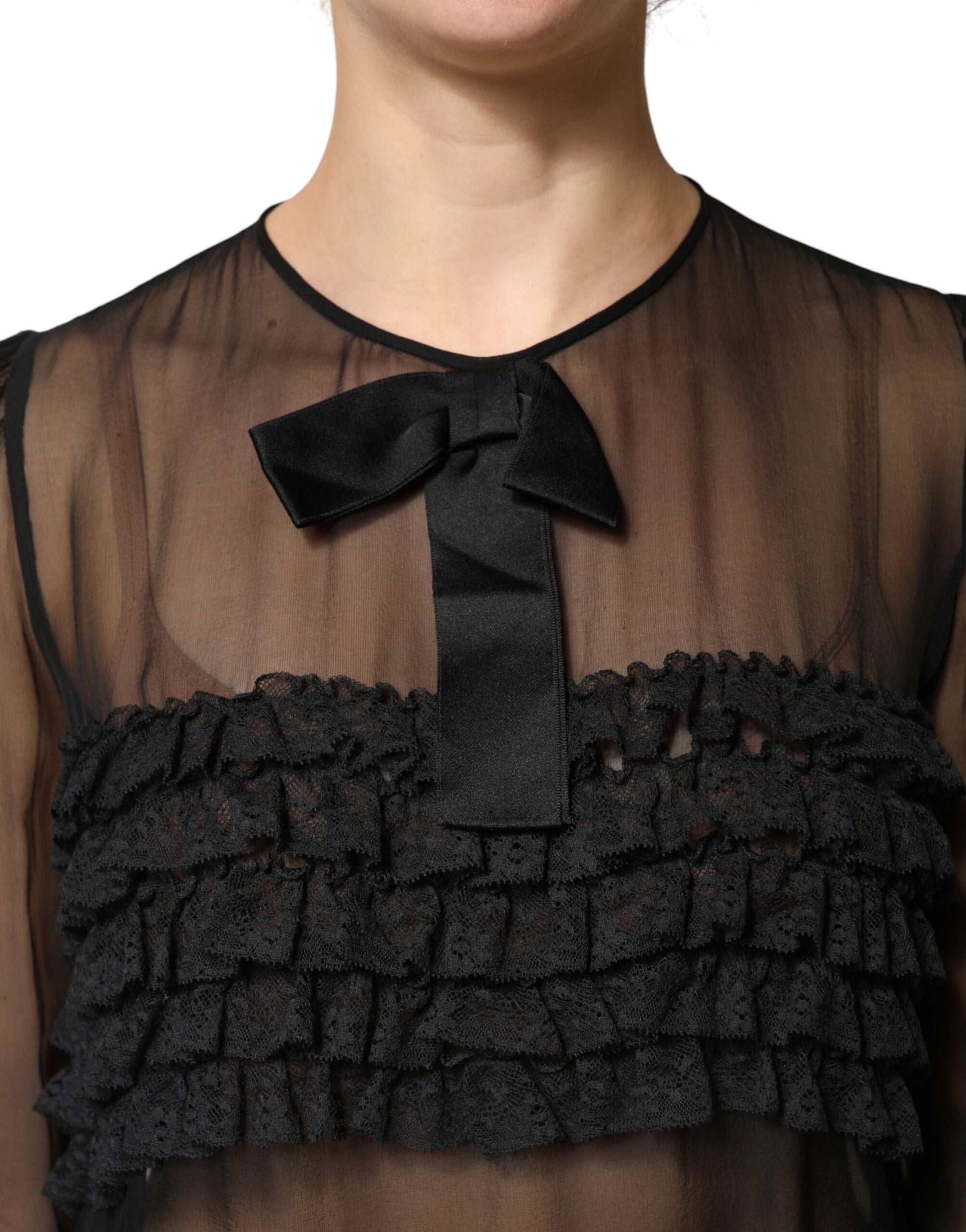 Black Silk Sheer Ruffle Tie-Neck Blouse Top