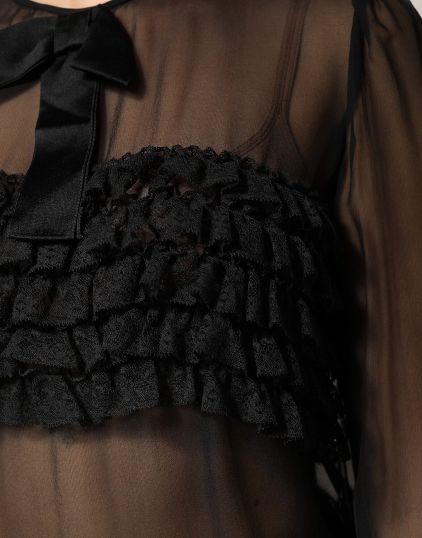 Black Silk Sheer Ruffle Tie-Neck Blouse Top