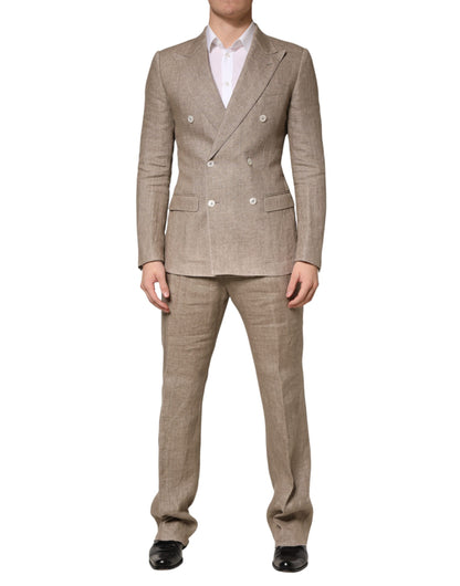 Beige Linen Double Breasted 2 Piece Men Suit
