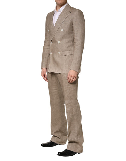 Beige Linen Double Breasted 2 Piece Men Suit