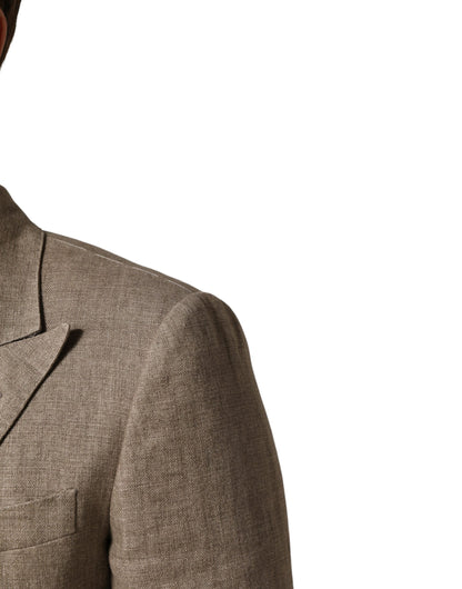 Beige Linen Double Breasted 2 Piece Men Suit