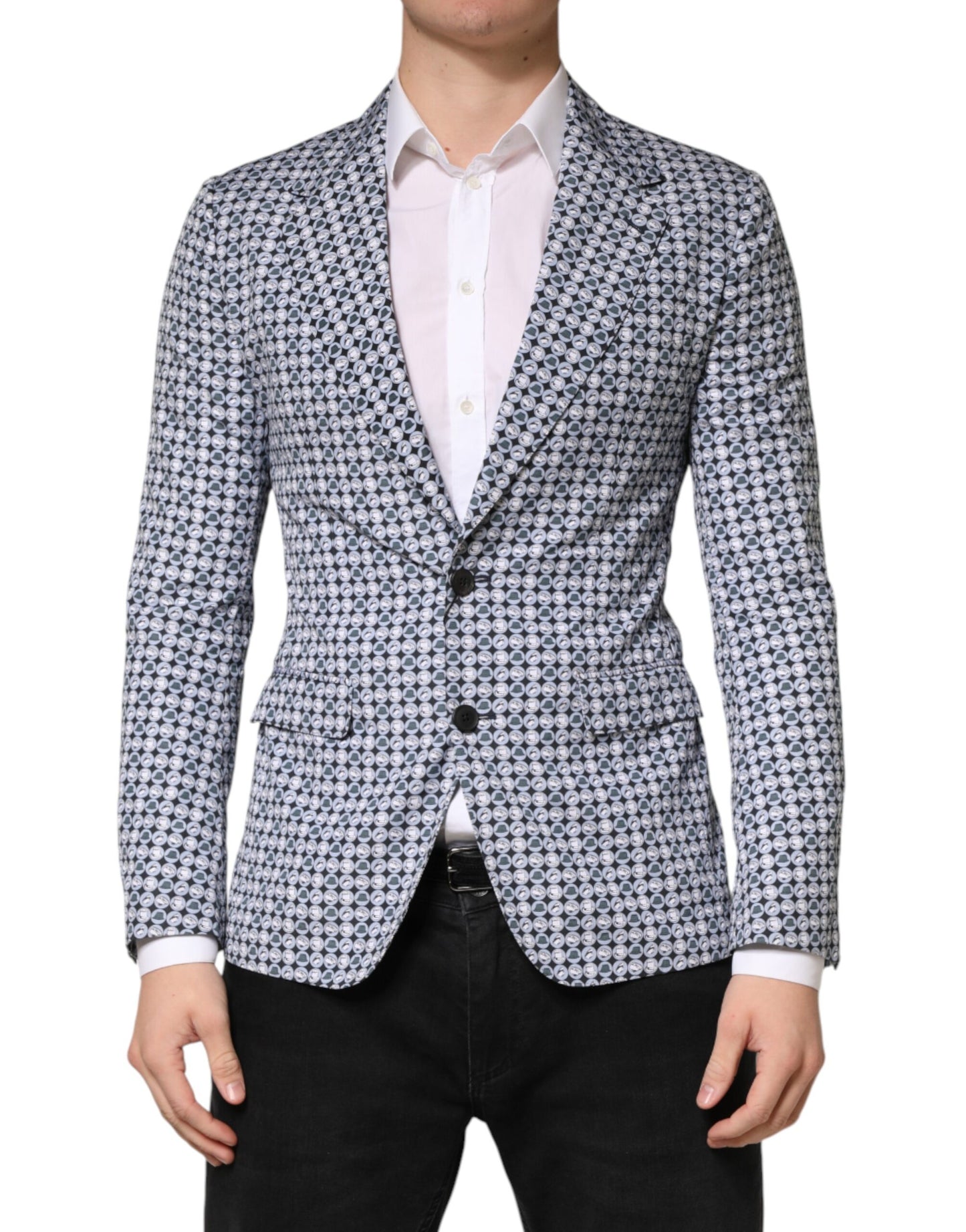 Blue Cotton Patterned Single Breasted Blazer