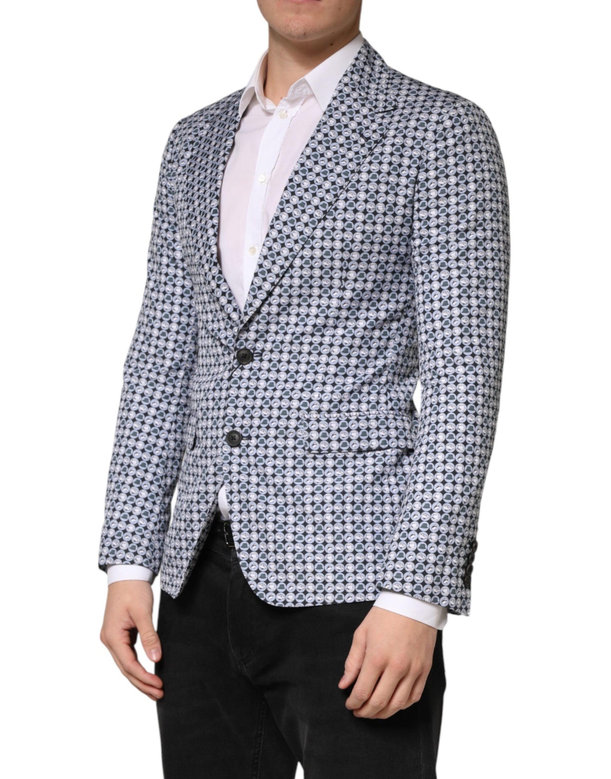 Blue Cotton Patterned Single Breasted Blazer