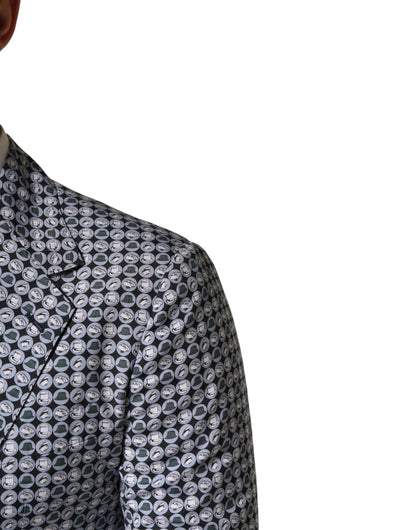 Blue Cotton Patterned Single Breasted Blazer