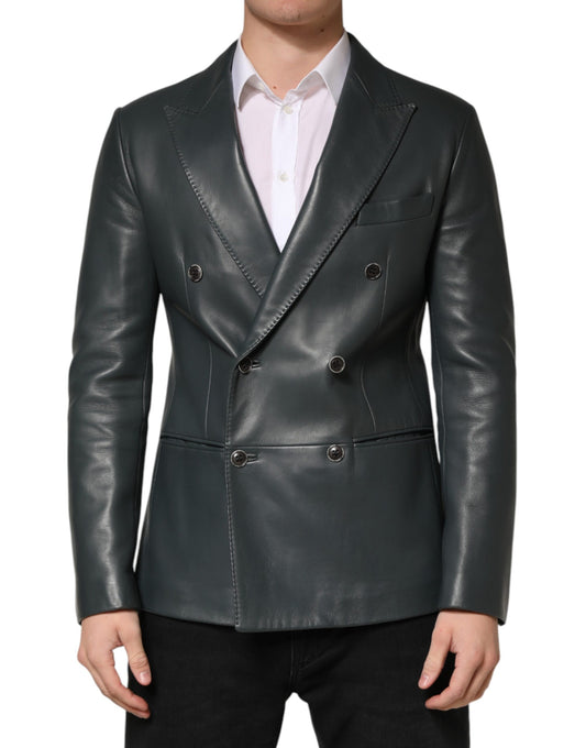 Black Leather Double Breasted 2Button Blazer