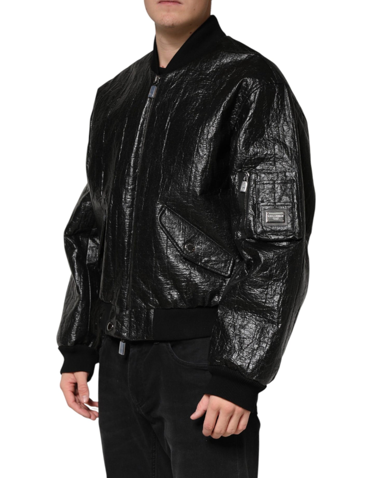 Black Cellulose Leather FullZip Biker Jacket