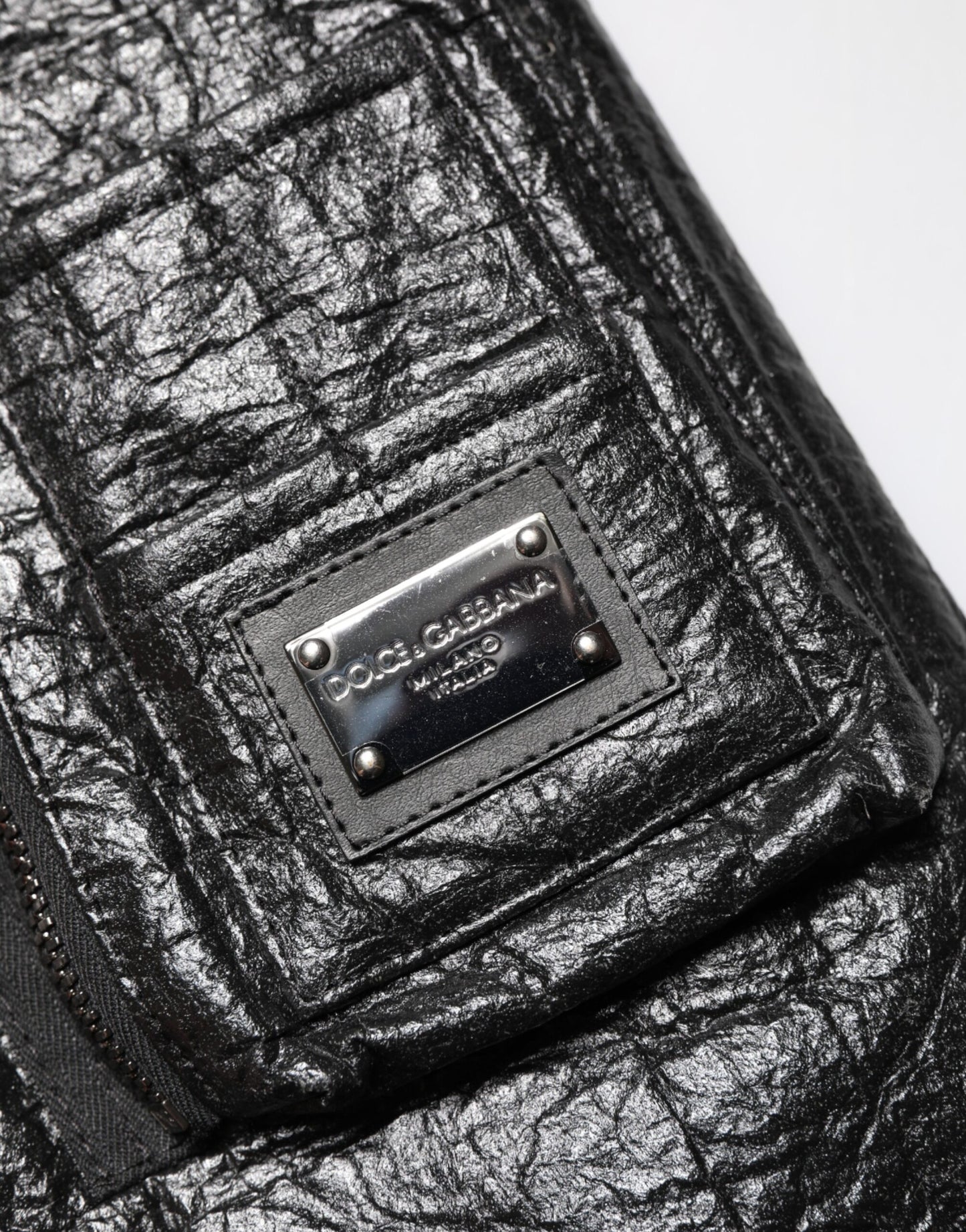 Black Cellulose Leather FullZip Biker Jacket